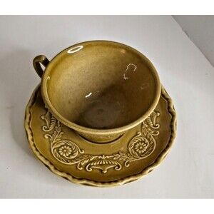 Set of 2 Canonsburg Pottery Regency Ironstone Harvest Gold Tea Cups & Saucers